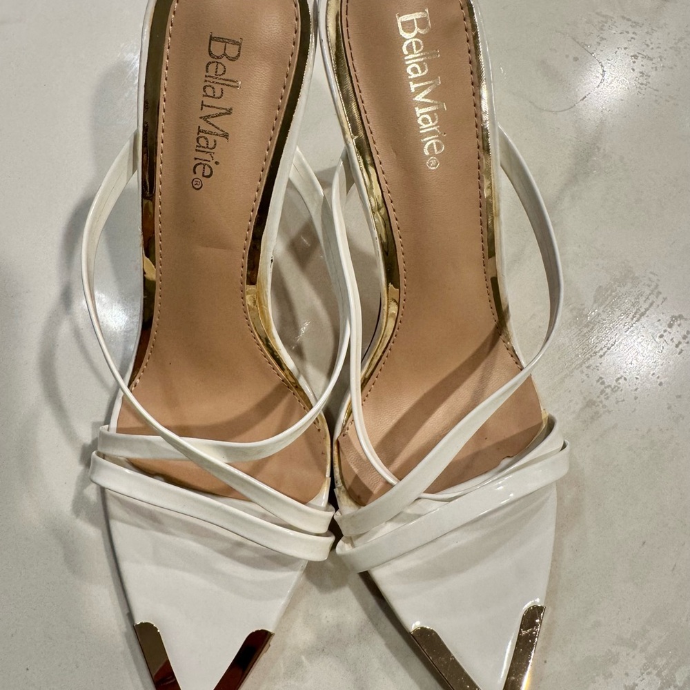 Bella Marie White and Gold Strappy Heels